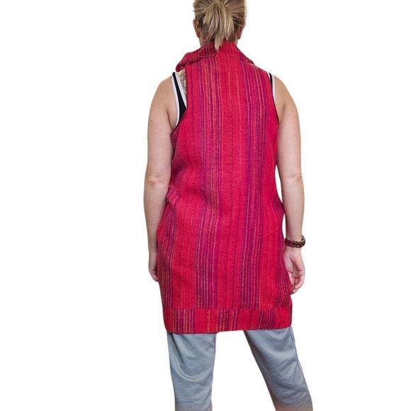 VTG 90s Wool Blend Red Pink Boho Wrap Duster Fringe Multi-wear Festival Hippie - Picture 8 of 13